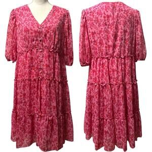 Taylor Pink Floral Tiered Mini Dress Size 12 V-Neck Button Front Puff Sleeve